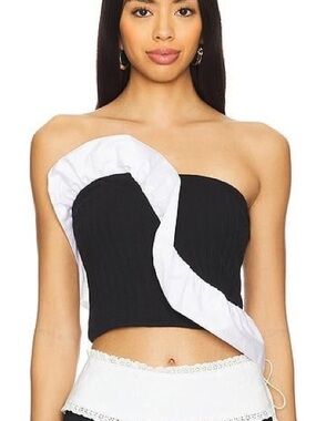 Free People Jagger Knit Top Strapless RuffleTube Top Black White Contrast Small